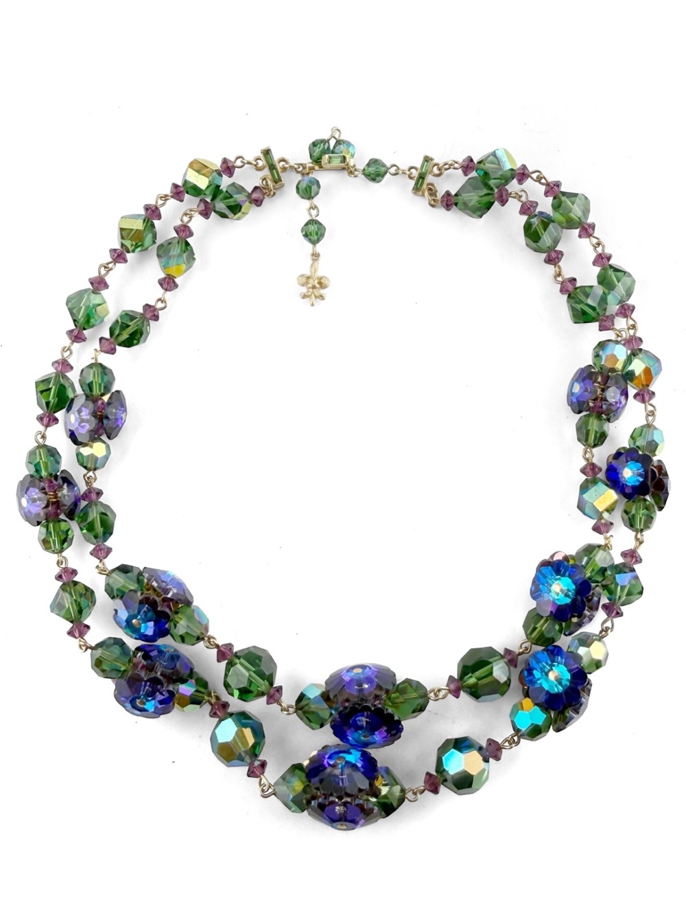 Vintage Vendome Blue Green Purple Crystal Rivoli Double Strand Beaded Necklace